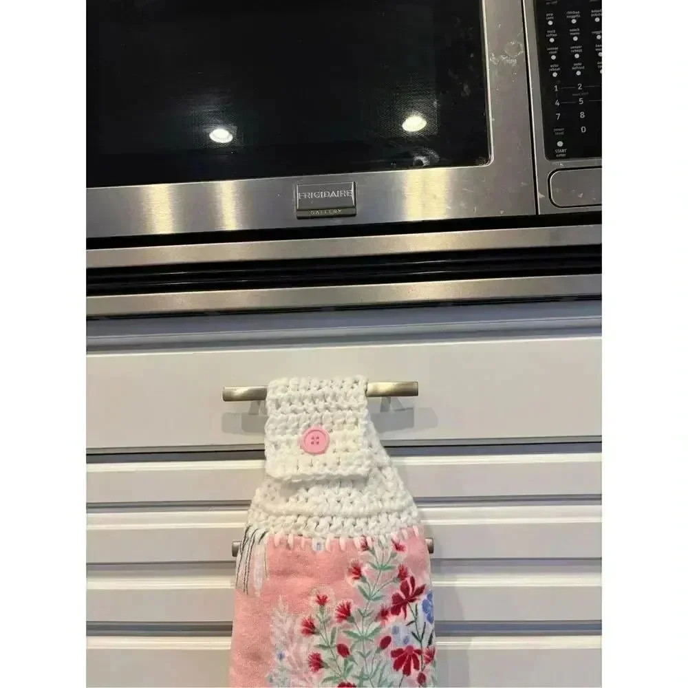 Crochet Top Kitchen Towel-Hello Spring pink towel red flowers. White topper